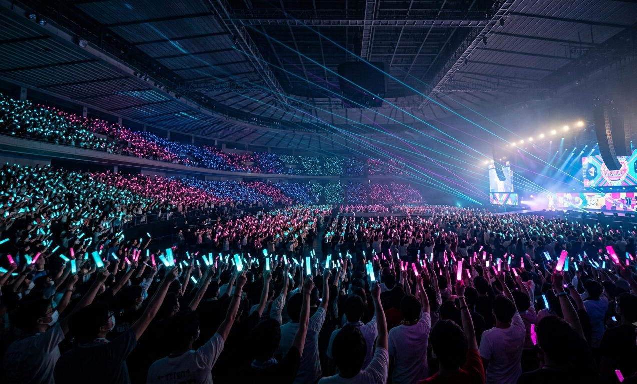 A fan reaching toward the lights at a concert