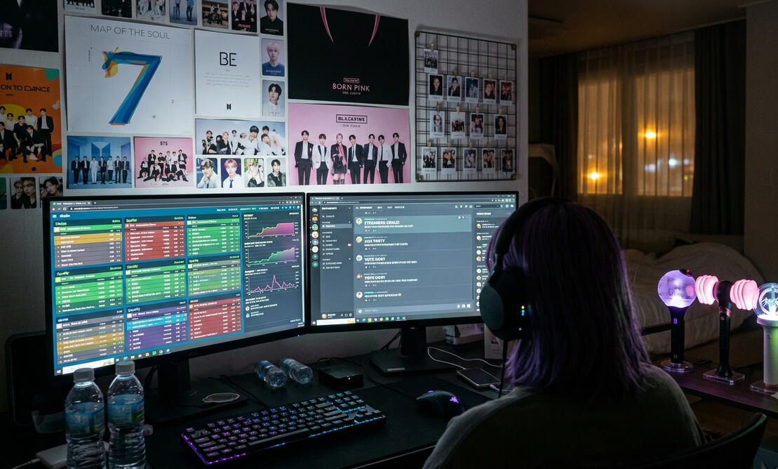 Fan at a computer, connecting with music culture online